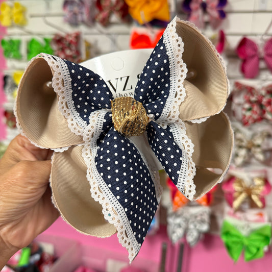 Navy Swiss Dots with White Lace Scalloped edge Hairbow ~ Perfect for School or Sports Team ~ Ribbon Bow
