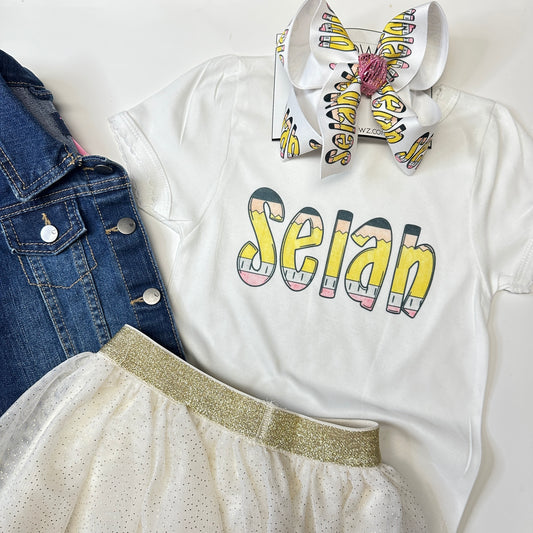 School Pencil Custom Personalized Name Tee and Matching Hair bow Combo ~ Super cute for school time~ Exclusive iBOWZ design
