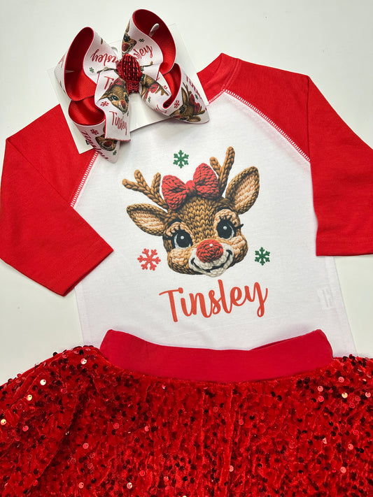 Personalized Crochet Girly Reindeer Christmas Design HairBow & T-shirt ~ Limited Time Only