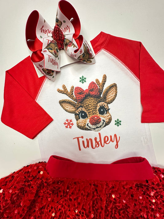 Personalized Crochet Girly Reindeer Christmas Design HairBow & T-shirt ~ Limited Time Only