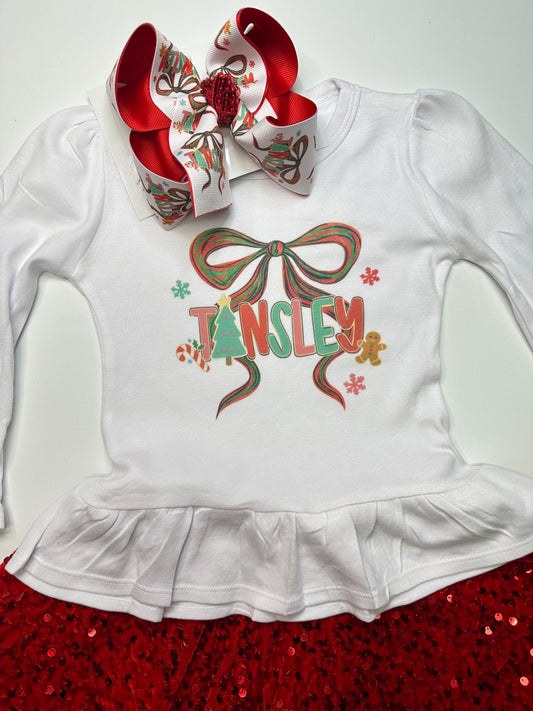 Vintage Personalized Coquette Bow with Girls Name & Cute Christmas Decor Design HairBow & T-shirt ~ Limited Time Only