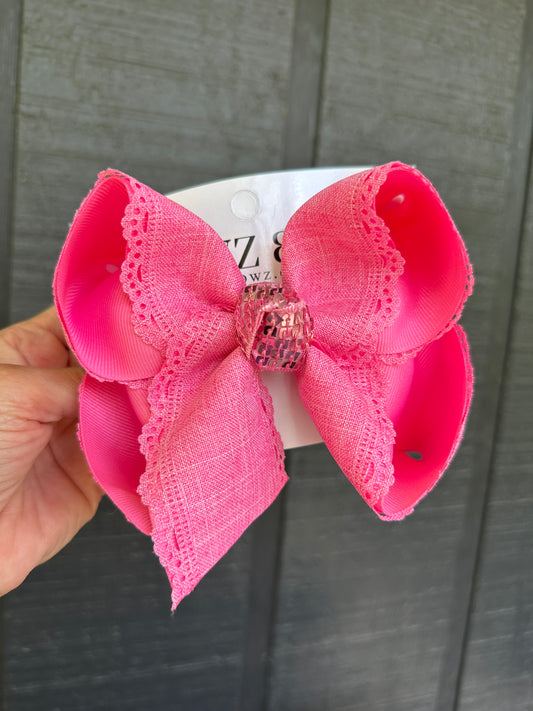 Hot Pink Linen Scalloped Lace edge Hairbow ~ Perfect for Easter and Every occasion ~ Ribbon Bow