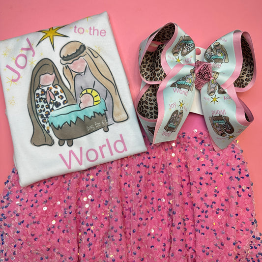 Joy to the World Nativity Scene Design ~ New Trendy Fun Inspired Hairbow + Matching Tee~ Exclusive to iBOWZ