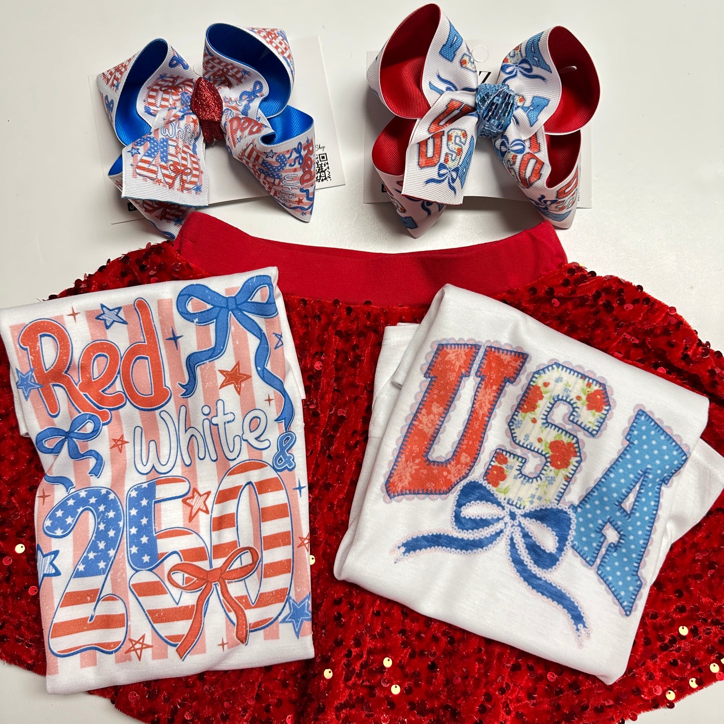 Red, White & 250 Birthday Celebration HairBow and t-shirt ✨ “Red, White & BOWS for America’s 250th 🇺🇸