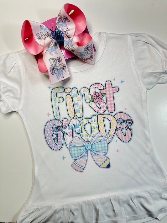 Floral Pink & Blue Grand Millennial Coquette School Grade Fun bow & Matching Tee ~Choose Combo, bow only or tee only ~ Choose your Grades~ Exclusively at iBOWZ ~Perfect for Back to School & First day of School pics~ Limited Time Only