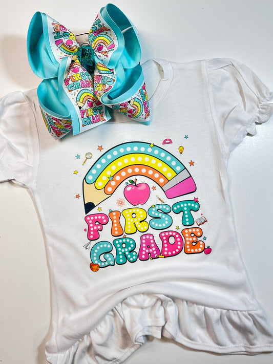 Rainbow Apple Pencil "School Grade" PRINT ~ School Grade Fun bow & Matching Tee ~ Available in Lots of Grades~ Exclusively at iBOWZ ~Perfect for Back to School & First day of School pics~ Limited Time Only