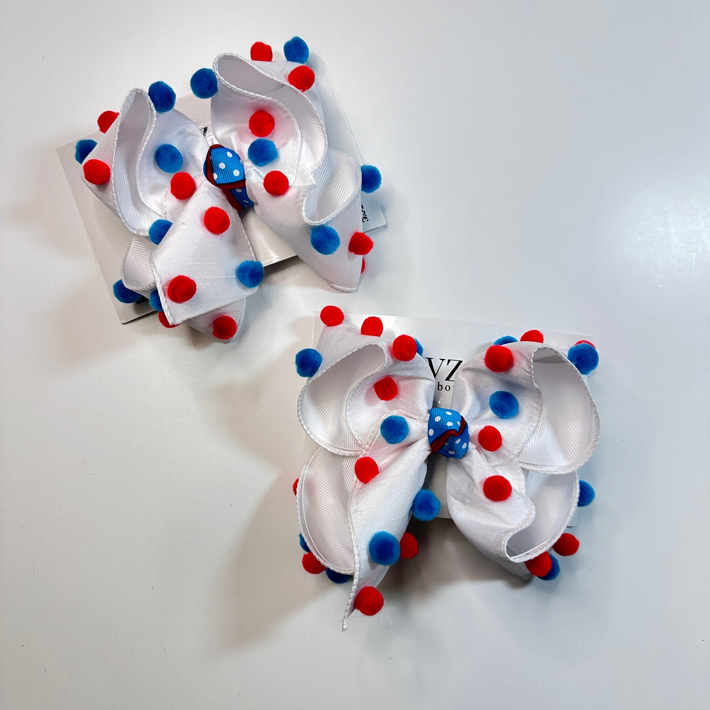 RWB Memorial Day + July 4th + Labor Day Fun Pompom hair bow ~ Perfect for all the RWB Holidays