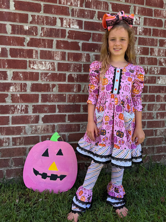 Magnolia Rose Selah Pumpkin Twirl Dress ~ Girls Fall Halloween Dress with Lots of Ruffles, Lace and all the Extras