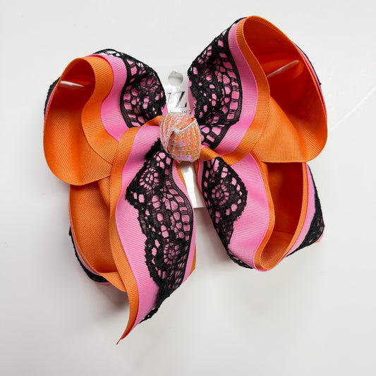 Halloween Selah Hairbow ~ Made to Match the New Halloween Selah Dress ~ Black lace layered on Hot Pink and Orange with a Irridecent Sequin Knot ~ Preorder Now Limited Time Only PO ends Sunday 8/23
