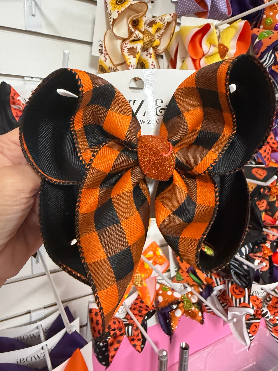 Large orange and black plaid Halloween hairbow