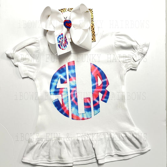 Tie Dye Ruffle Girls Initial Tee & Matching Initial BOW ~ Perfect for all your Girls Patriotic Celebrations