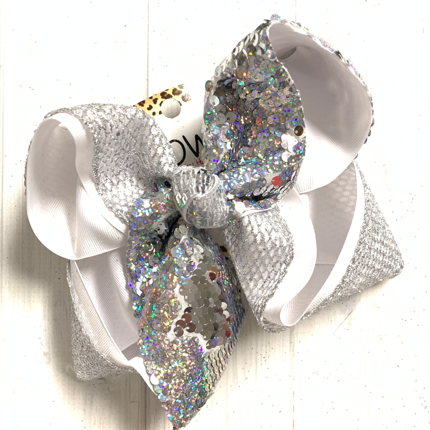 Silver Flip Sequin & Silver Glitter fishnet Fun Bow | SPARKLE & SHINE | iBOWZ Fun & Funky Hairbows