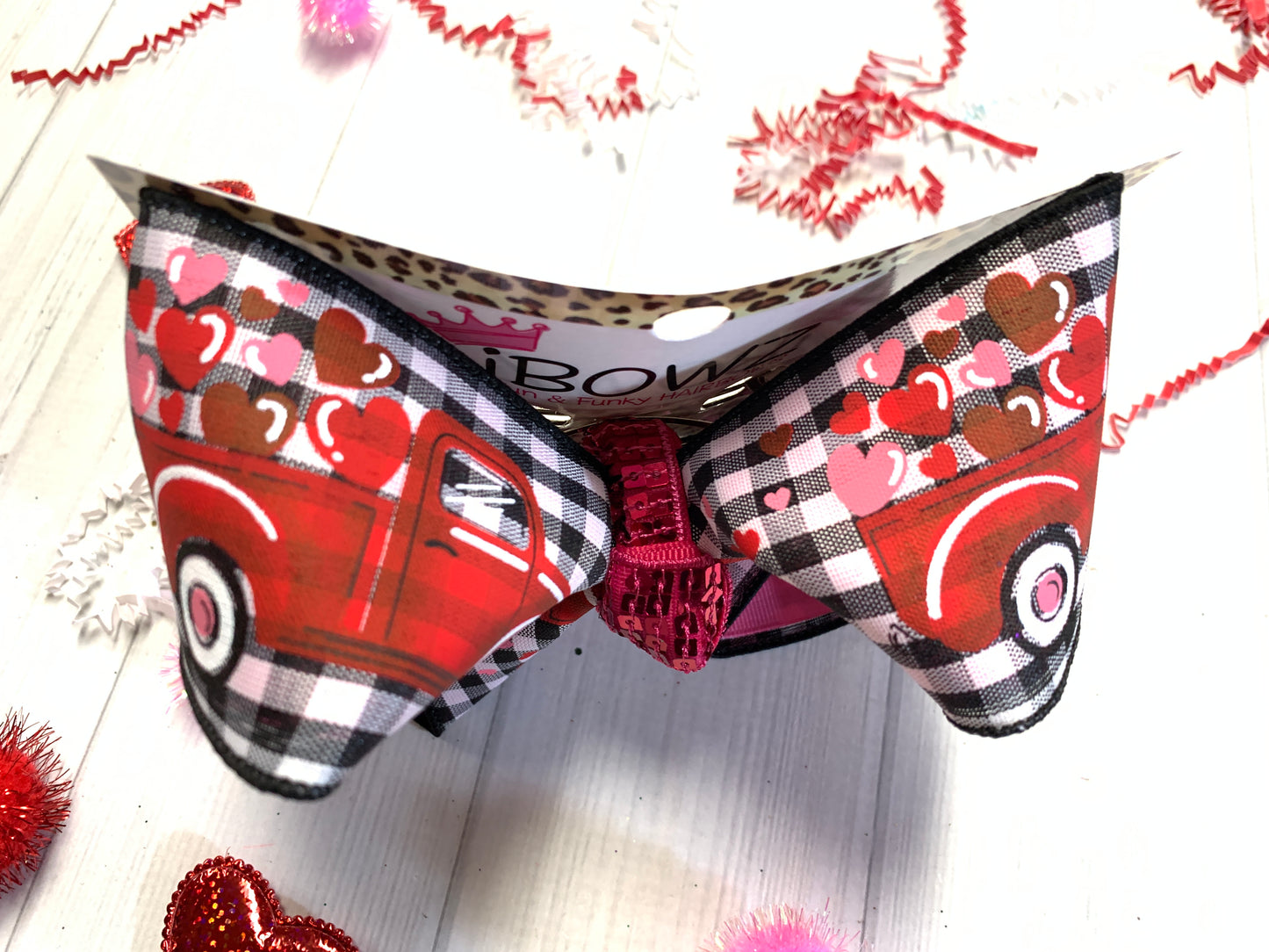 Valentines Day Fun Bow ~ Vintage Red Truck & Black & White Plaid Hairbow by iBOWZ