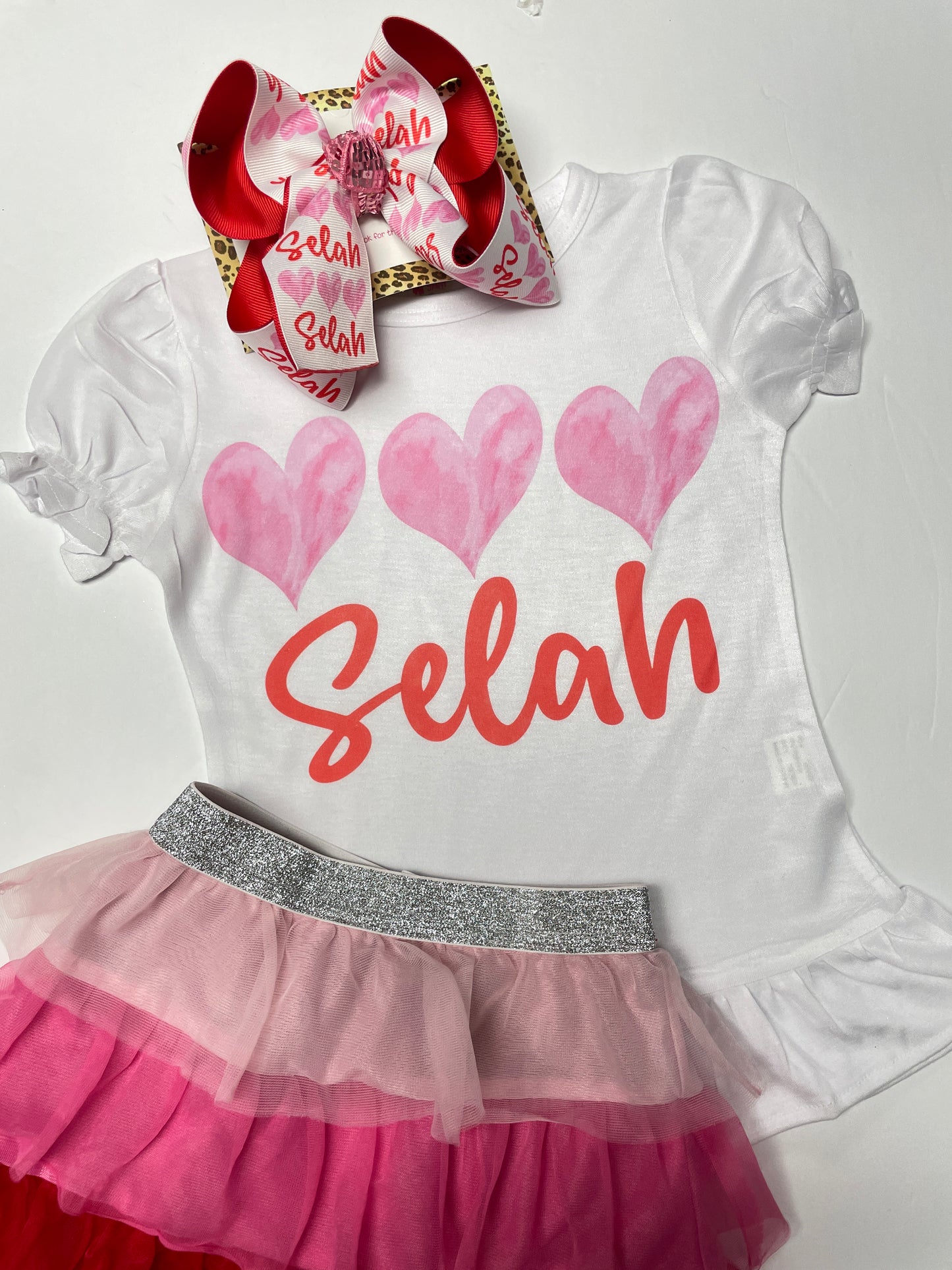 Valentines Day Personalized + Heart Fun Ruffle Tee Shirt + Matching bow ~ Exclusive iBOWZ design