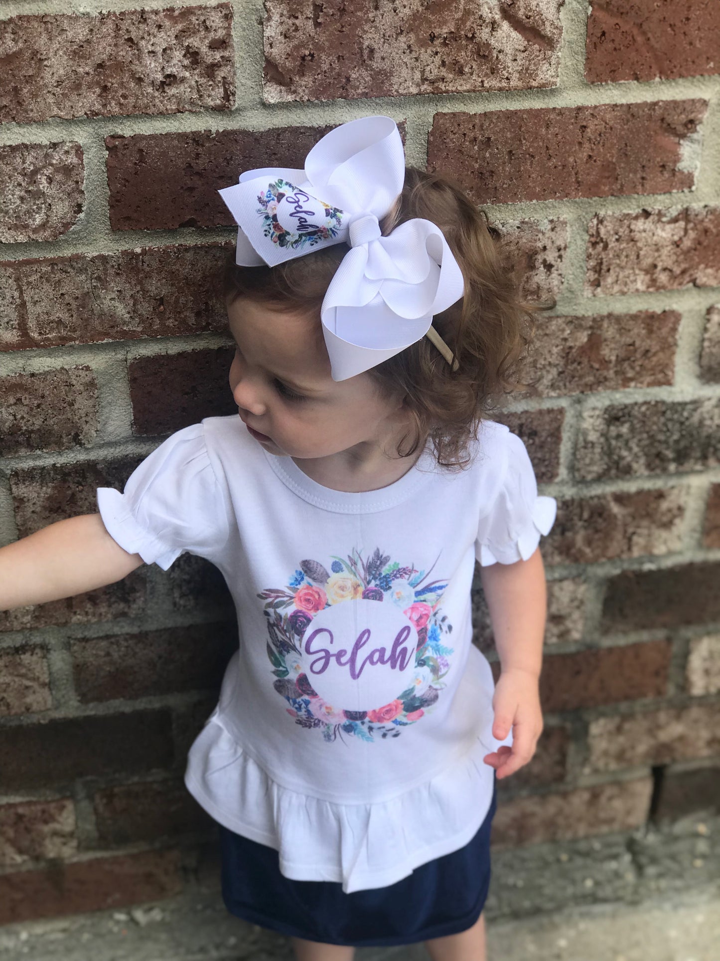 Single Layer bow Combo ~Floral Wreath Name or Monogram SINGLE LAYER iBOWZ & Ruffle Tee Set ! Perfect All your Fall Get-togethers + Great for Photoshoots