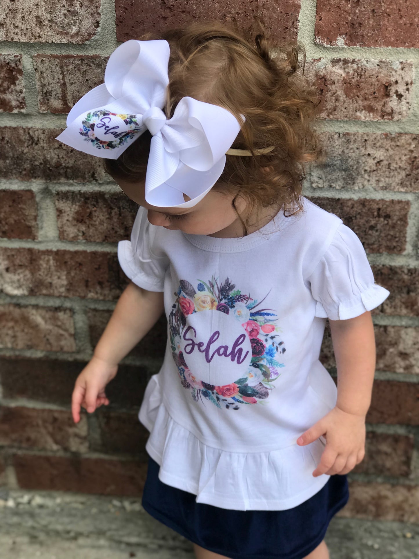 Single Layer bow Combo ~Floral Wreath Name or Monogram SINGLE LAYER iBOWZ & Ruffle Tee Set ! Perfect All your Fall Get-togethers + Great for Photoshoots
