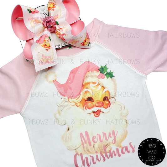 Pink Santa Merry Christmas Little Girls Tshirt and matching Bow ~ Choose the Combo or bow only or Tshirt only