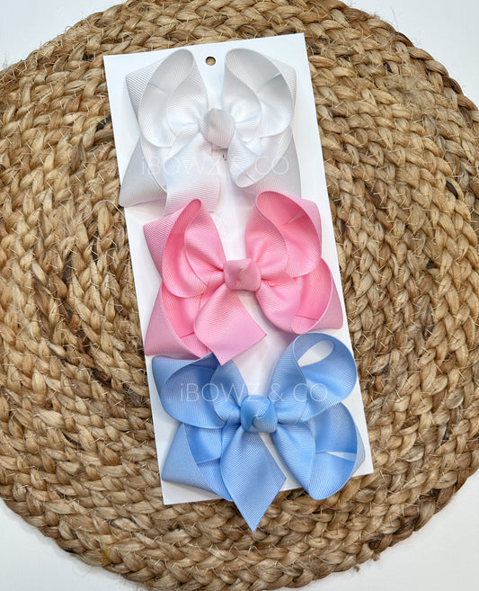 NewBorn 3" Essential Bow Bundle ~ Solid Single Layer bow colors are soft Pink, White & Blue ~ The Perfect Baby Shower Gift