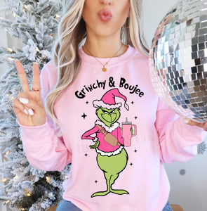 Grinchy & Boujee Pink Green man on Pink Shirt or Crew sweatshirt ~ Green Man ~  Christmas Fun T-shirt - Tee  or Crew Adult & Youth sizes