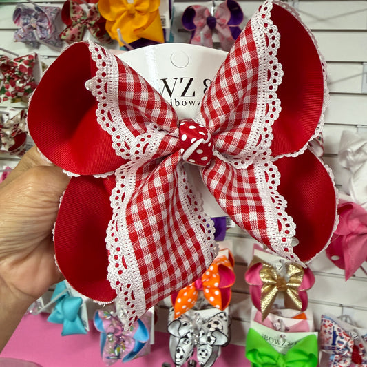 Red Gingham with White Lace Scalloped edge Hairbow  ~ Perfect for School or Sports Team ~ Ribbon Bow