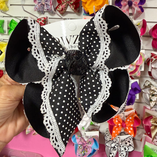Black Swiss dot with White Lace Scalloped edge Hairbow  ~ Perfect for School or Sports Team ~ Ribbon Bow