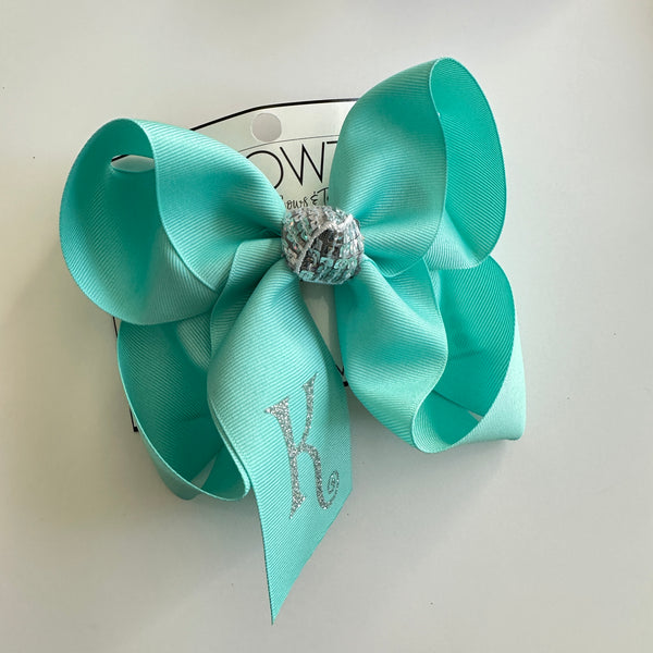 Turquoise  w/ Silver Letter- Personalized Initial Hairbows  ~ Choose your Bow size ~Handmade in the USA ~ Trendy EveryDay bows for your girls