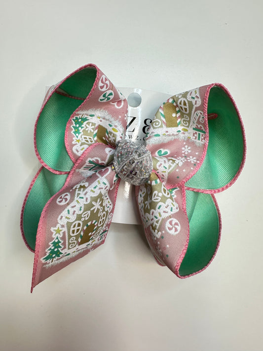 Christmas Gingerbread House Pink and Mint Colored Inspired Fun Hairbow for your Girls