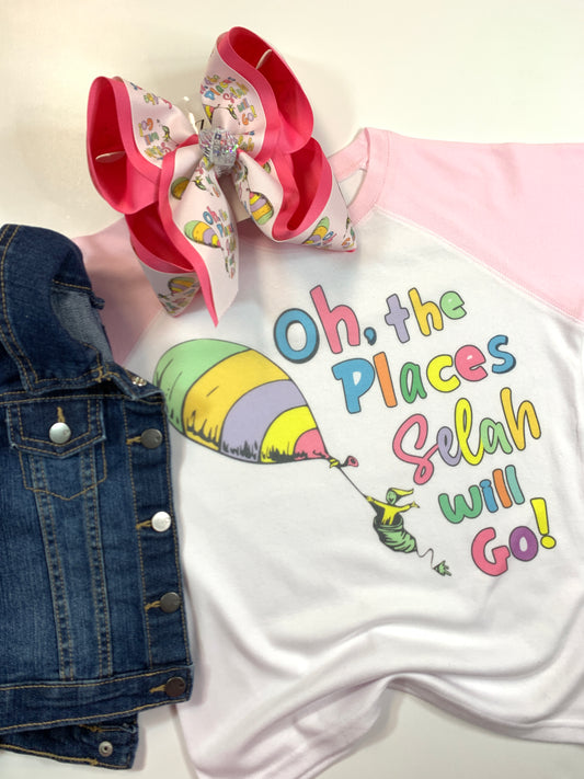 Oh the Places you will Go Personalized Name Tee Shirt + Matching bow  Dr. Seuss ~ Perfect for National READ Day either the end of February or 1st week in March ~ Dr. Seuss Birthday is March 2nd