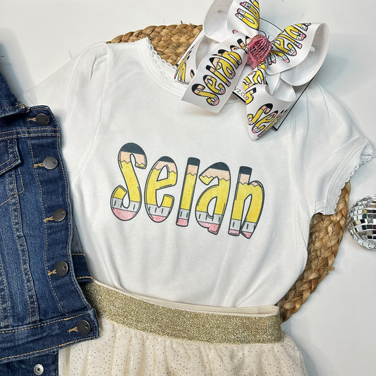 School Pencil Custom Personalized Name Tee and Matching Hair bow Combo ~ Super cute for school time~  Exclusive iBOWZ design