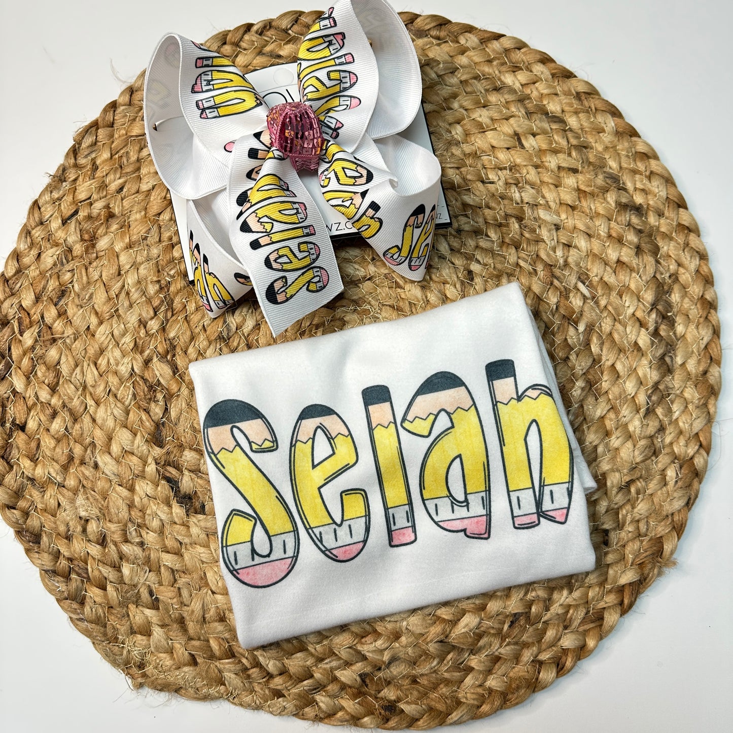 School Pencil Custom Personalized Name Tee and Matching Hair bow Combo ~ Super cute for school time~  Exclusive iBOWZ design