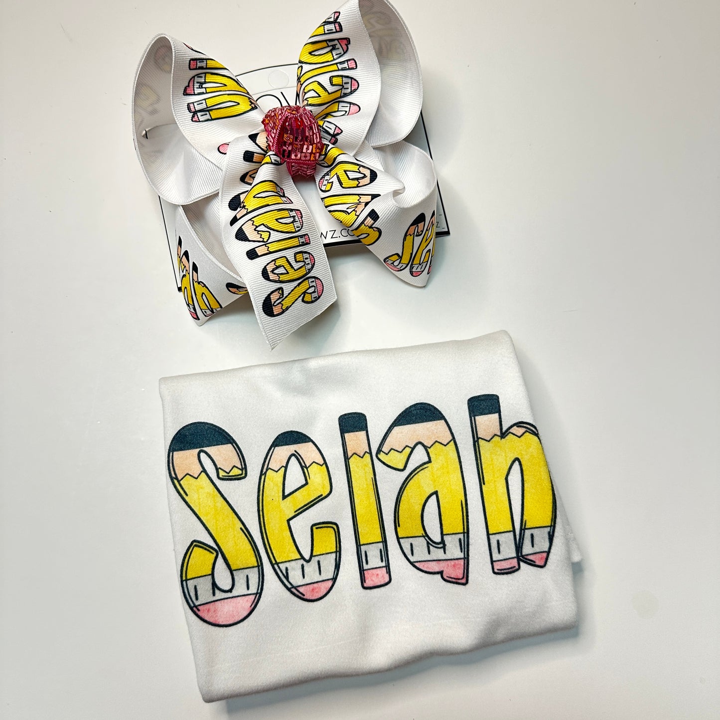 School Pencil Custom Personalized Name Tee and Matching Hair bow Combo ~ Super cute for school time~  Exclusive iBOWZ design