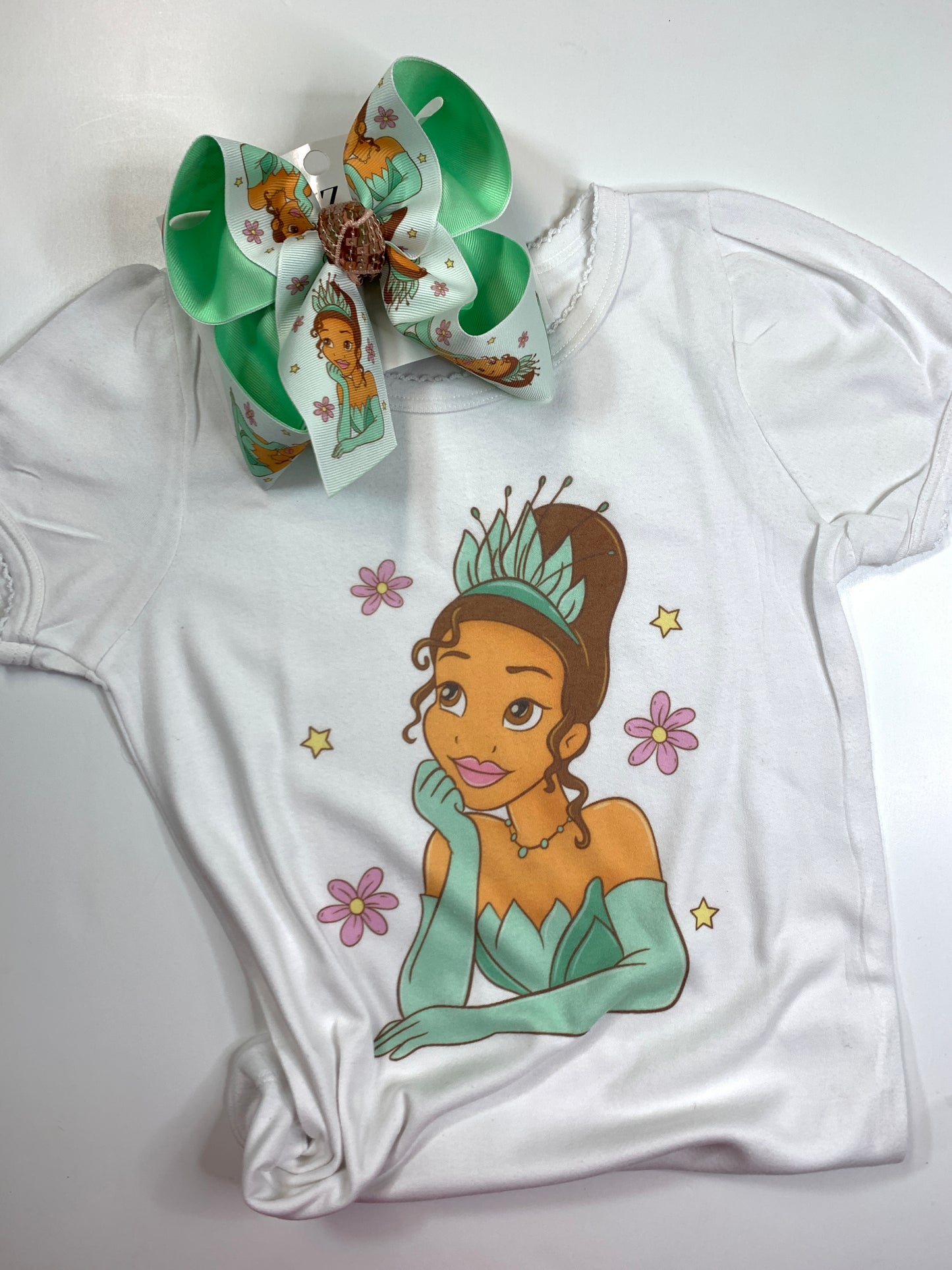 Princess Tiana OOAK HairBow and Matching Tee Combo ~ Choose Combo, Bow or Tee ~ Perfect for your Princess loving Little Girls