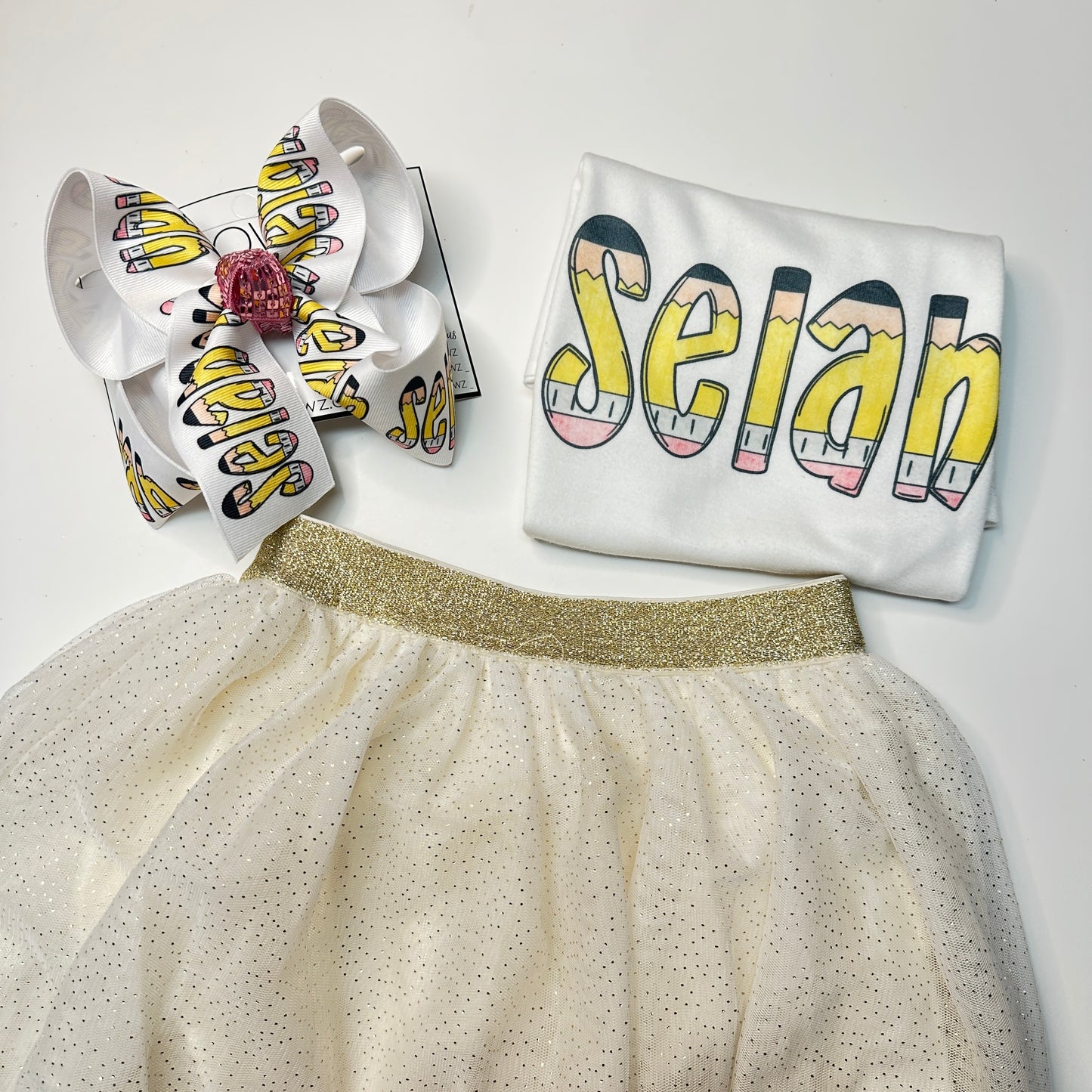 School Pencil Custom Personalized Name Tee and Matching Hair bow Combo ~ Super cute for school time~  Exclusive iBOWZ design