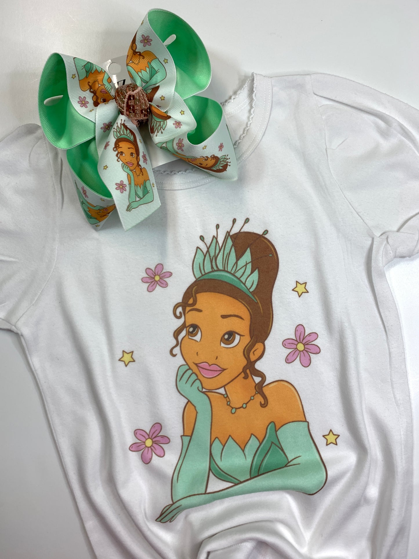 Princess Tiana OOAK HairBow and Matching Tee Combo ~ Choose Combo, Bow or Tee ~ Perfect for your Princess loving Little Girls