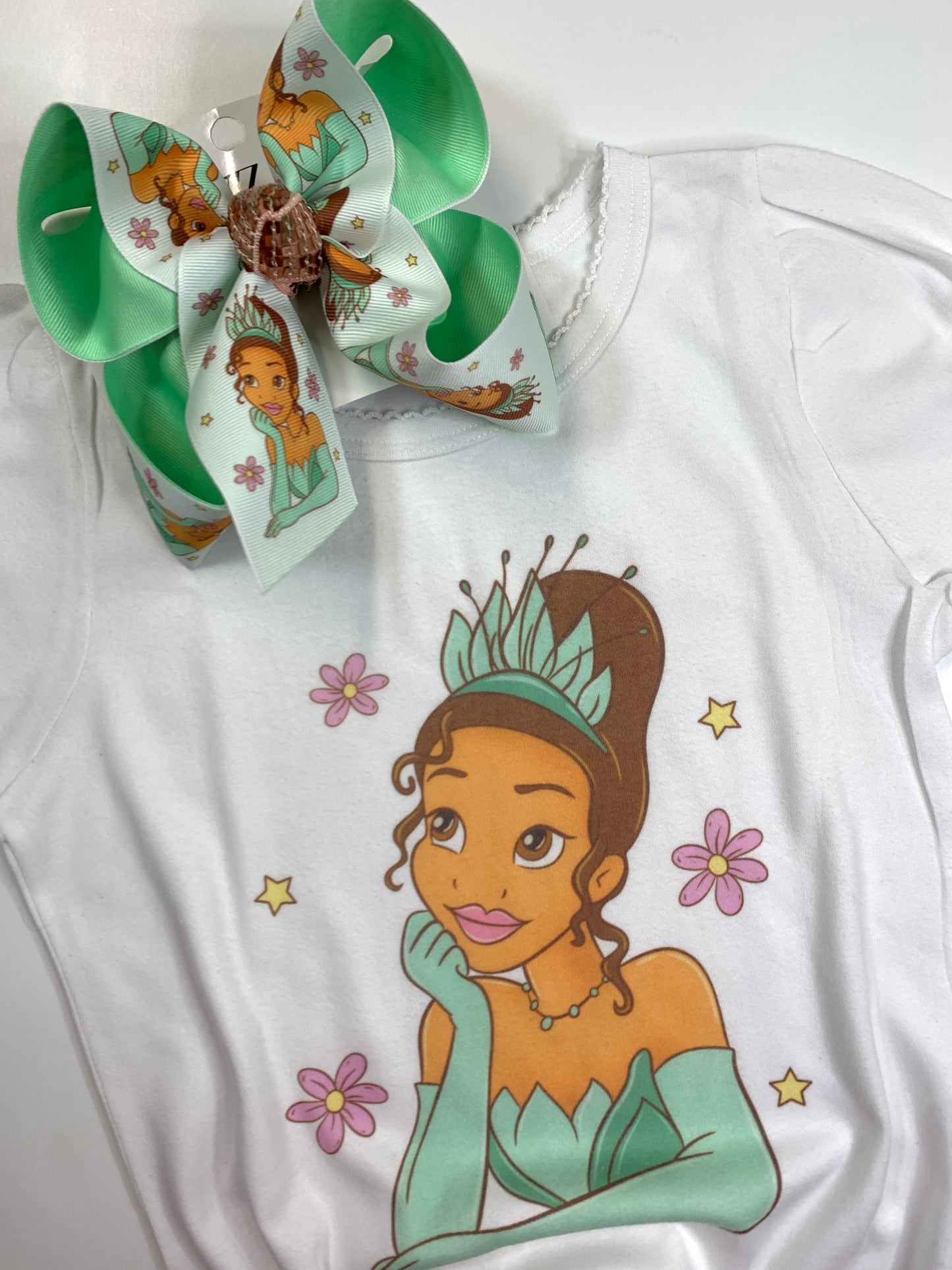 Princess Tiana OOAK HairBow and Matching Tee Combo ~ Choose Combo, Bow or Tee ~ Perfect for your Princess loving Little Girls