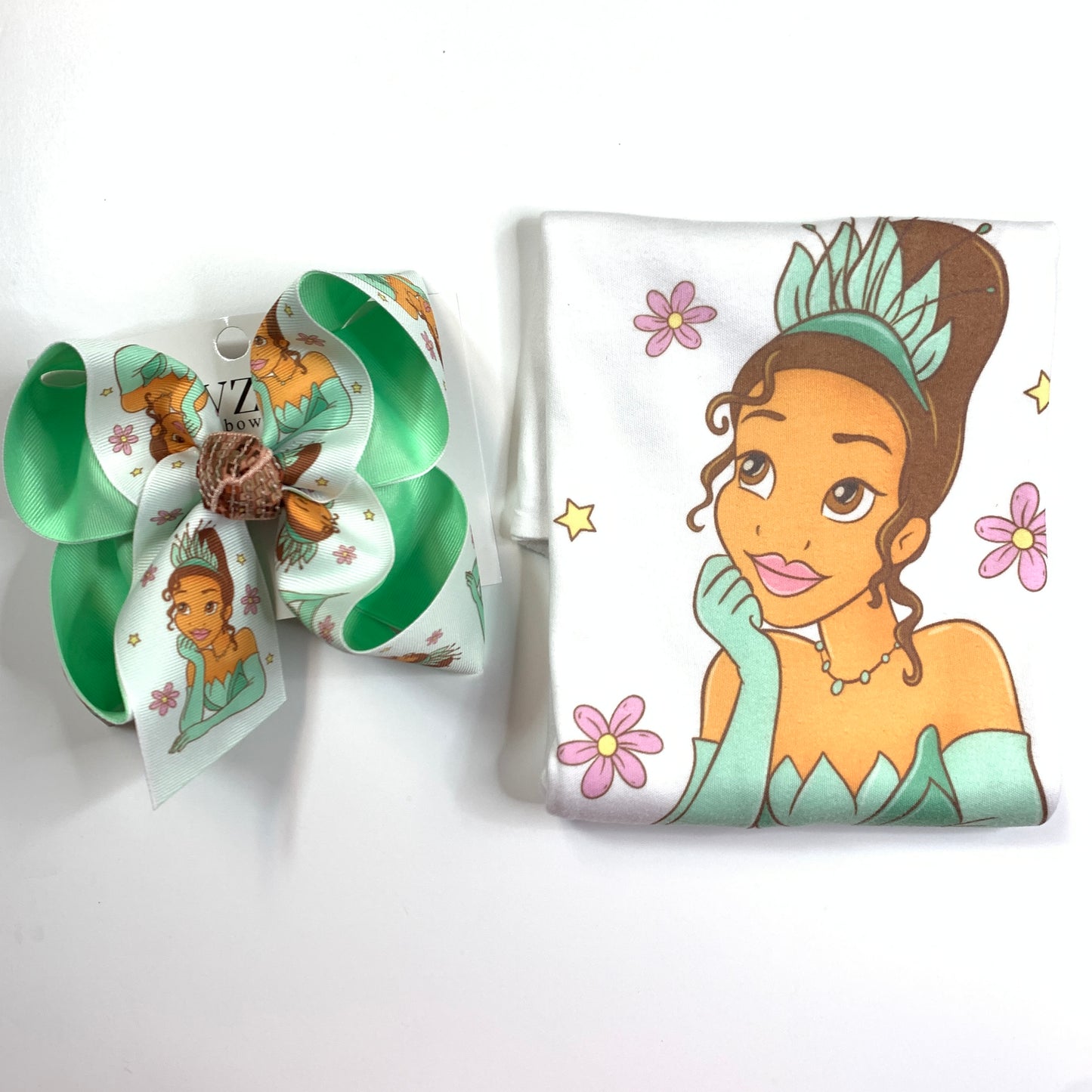 Princess Tiana OOAK HairBow and Matching Tee Combo ~ Choose Combo, Bow or Tee ~ Perfect for your Princess loving Little Girls