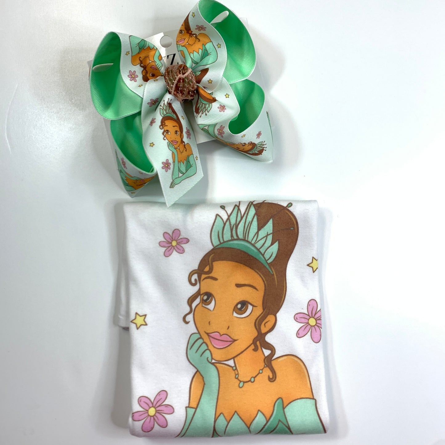 Princess Tiana OOAK HairBow and Matching Tee Combo ~ Choose Combo, Bow or Tee ~ Perfect for your Princess loving Little Girls