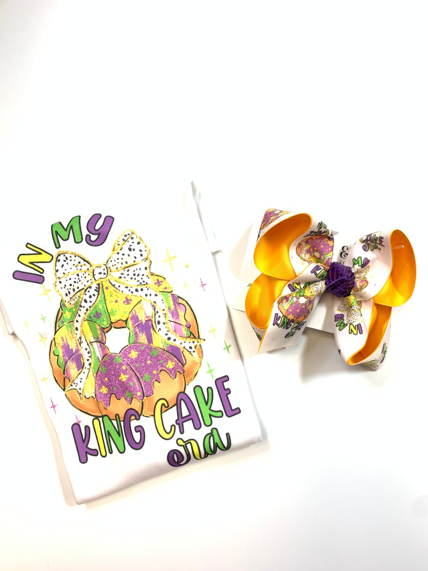Mardi Gras " In my King Cake Era"  Tee Shirt  & Matching Hair bow  ~Choose Combo, Bow Only or Tee Shirt Only