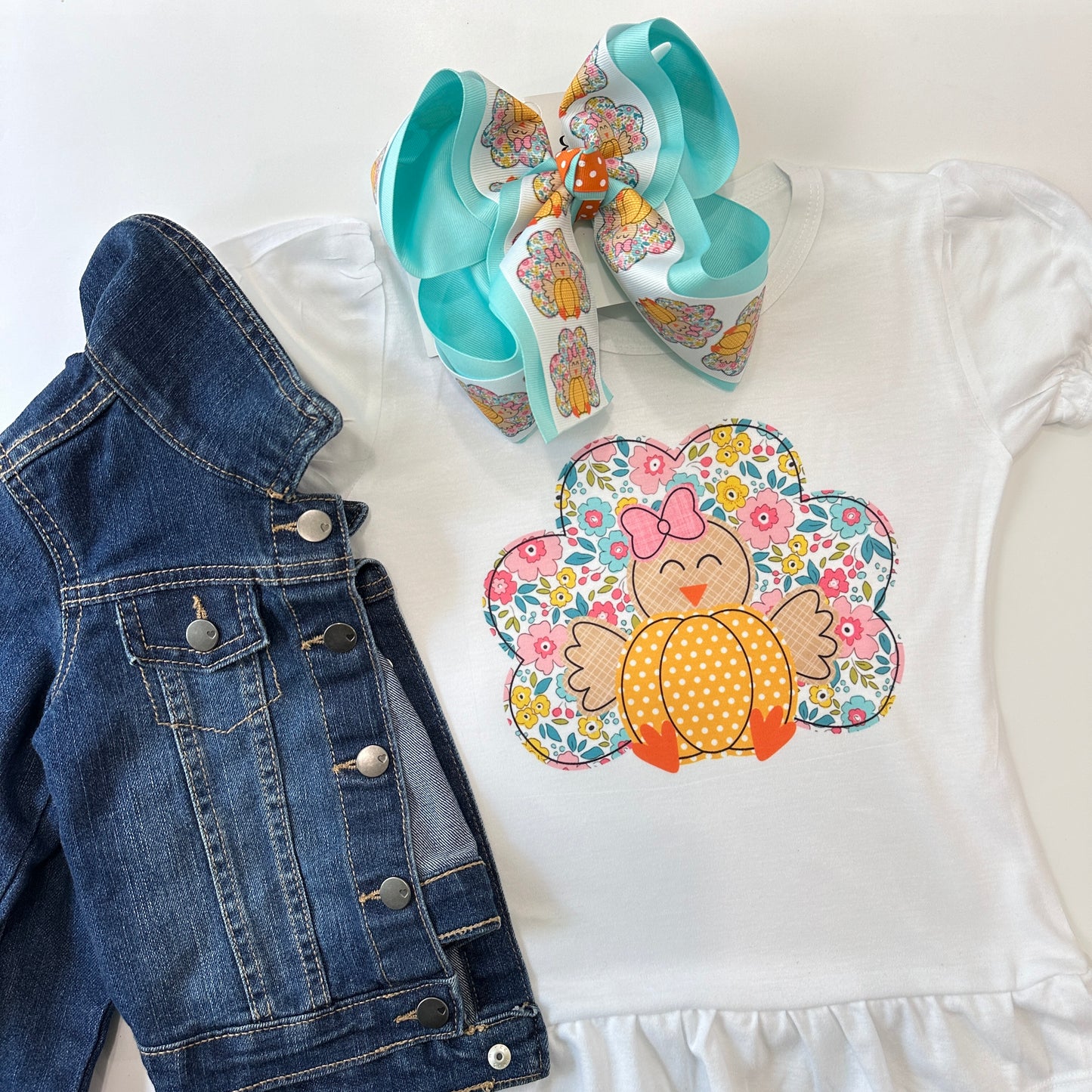 Floral Turkey HairBow and Matching Tee ~ Choose Bow, Tee, or Combo ~ Perfect for all your Fall  Activities