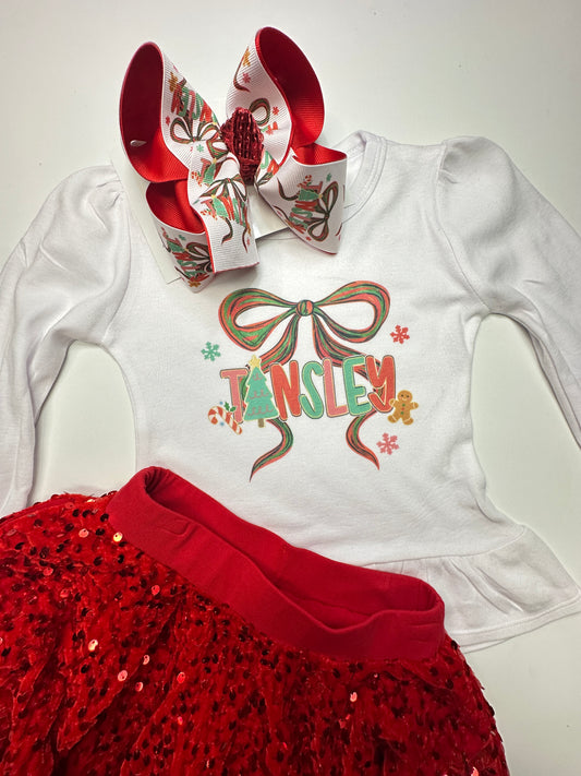 Vintage Personalized Coquette Bow with Girls Name &  Cute Christmas Decor Design HairBow & T-shirt ~  Limited Time Only