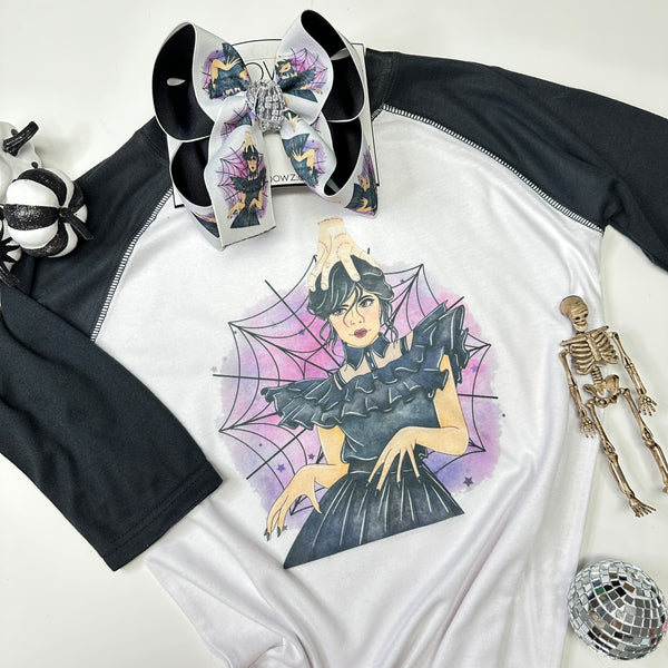 Wednesday Addams Inspired Tee and Matching Hair bow Combo ~ Matching Hairbow and T-shirt ~ Halloween Spooky Season  ~ Exclusive iBOWZ design
