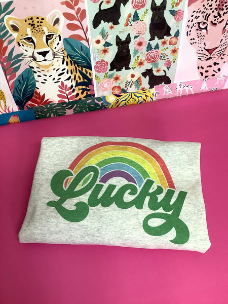 Lucky Rainbow  - St. Patricks Day Vintage Graphic Shirts -Ash Color Shirt - Choose T-shirt or Sweatshirt ~ Ships in 3-5 days ~ Custom Made~ please read descriptions before ordering