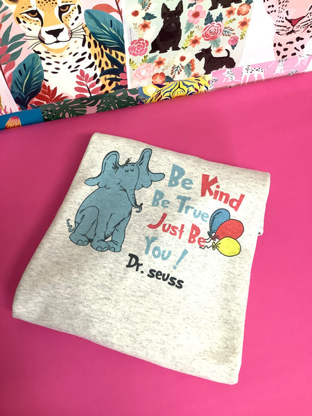 Dr Seuss Friends  Blue Elephant Be kind - National Reading Week ~ Vintage Graphic Shirts -Ash Color Shirt - Choose T-shirt or Sweatshirt ~ Ships in 3-5 days ~ Custom Made~ please read descriptions before ordering