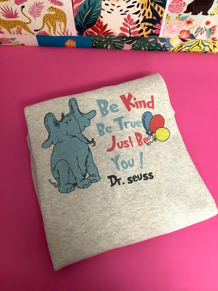 Dr Seuss Friends  Blue Elephant Be kind - National Reading Week ~ Vintage Graphic Shirts -Ash Color Shirt - Choose T-shirt or Sweatshirt ~ Ships in 3-5 days ~ Custom Made~ please read descriptions before ordering