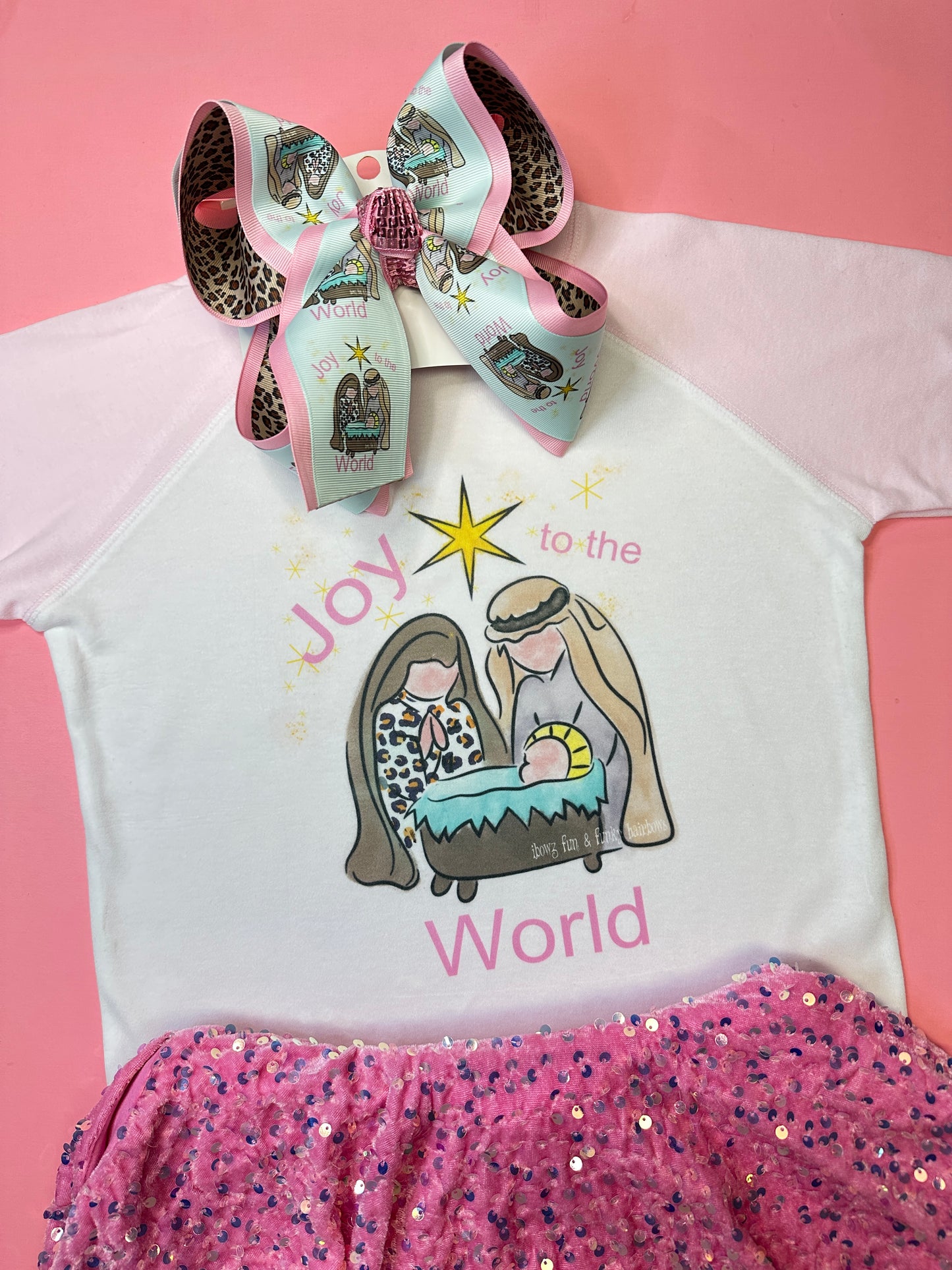 Joy to the World Nativity Scene Design  ~ New Trendy Fun Inspired Hairbow + Matching Tee~ Exclusive to  iBOWZ