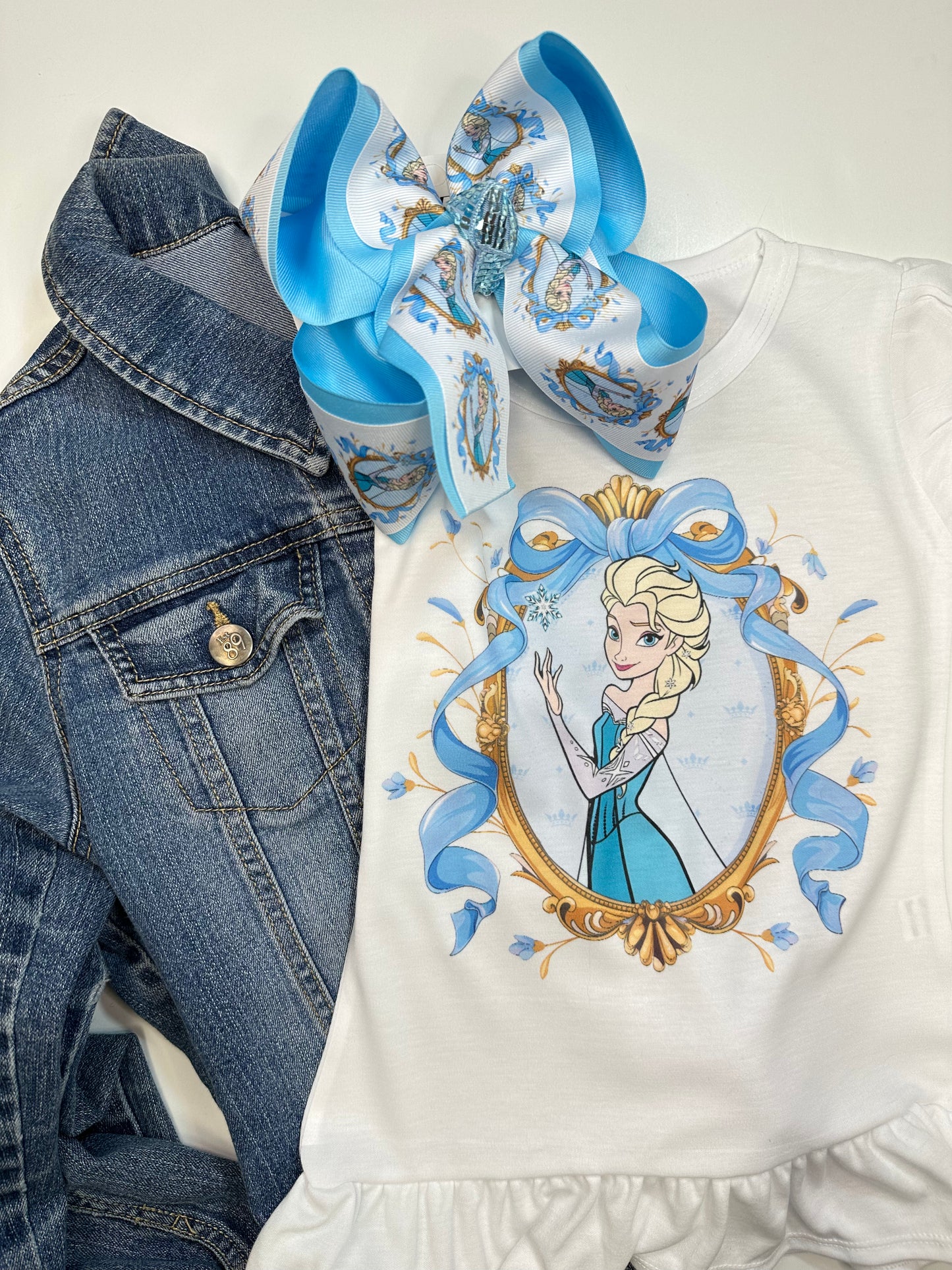 Elsa Frozen Coquette Inspired Tee Shirt + Matching bow ~ Choose your Girls  Favorite Princess