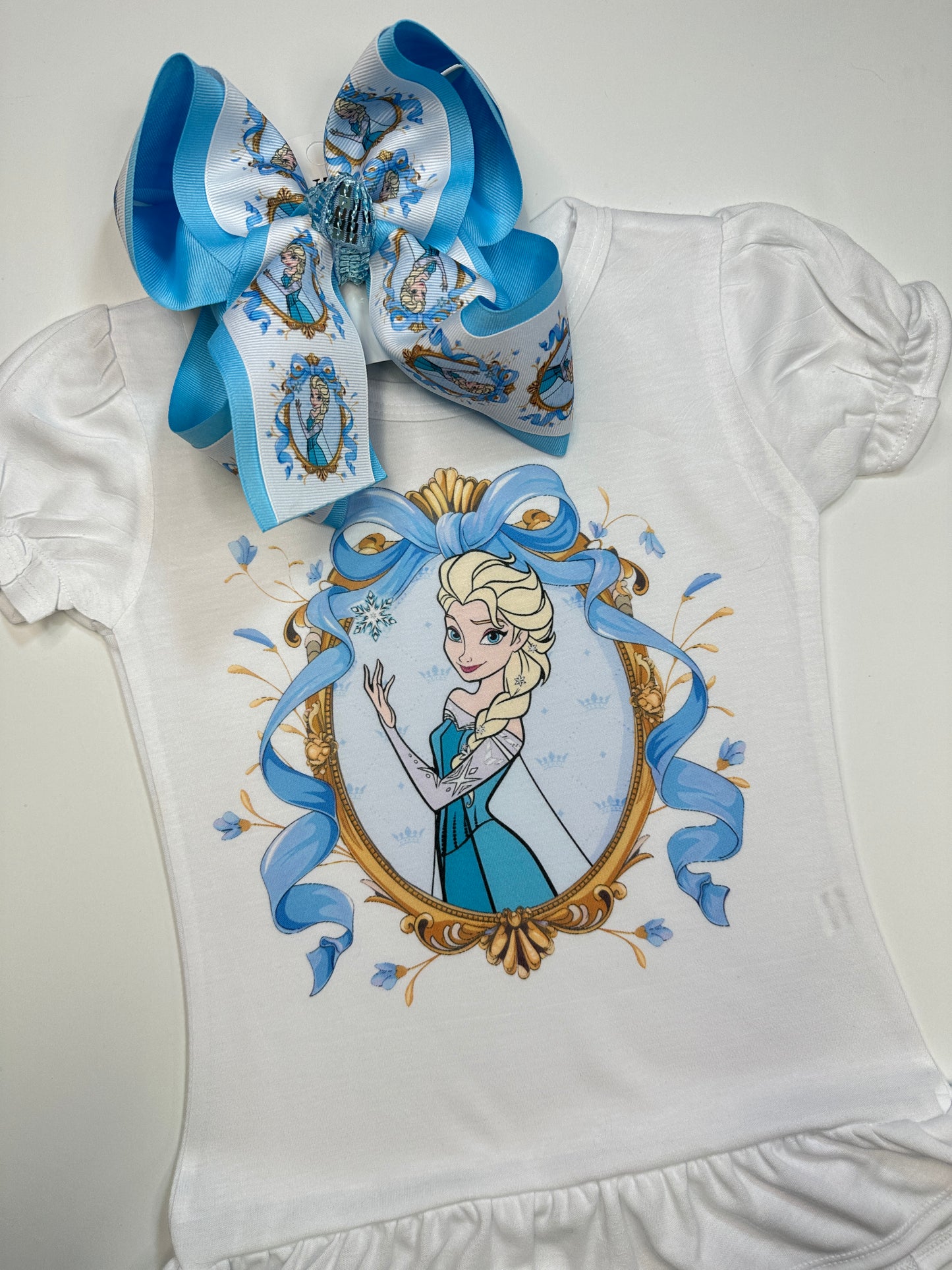 Elsa Frozen Coquette Inspired Tee Shirt + Matching bow ~ Choose your Girls  Favorite Princess