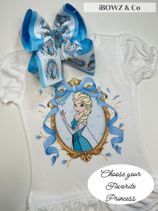 Elsa Frozen Coquette Inspired Tee Shirt + Matching bow ~ Choose your Girls  Favorite Princess