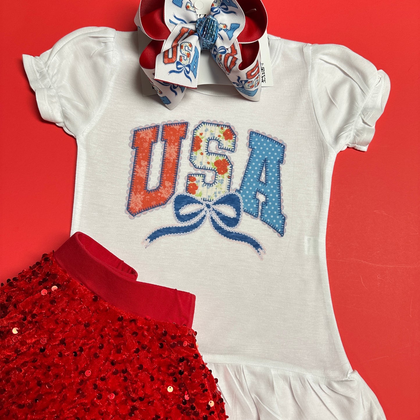 RWB USA Lace Coquette HairBow and t-shirt ~✨ “Red, White & BOWS for America’s 250th 🇺🇸