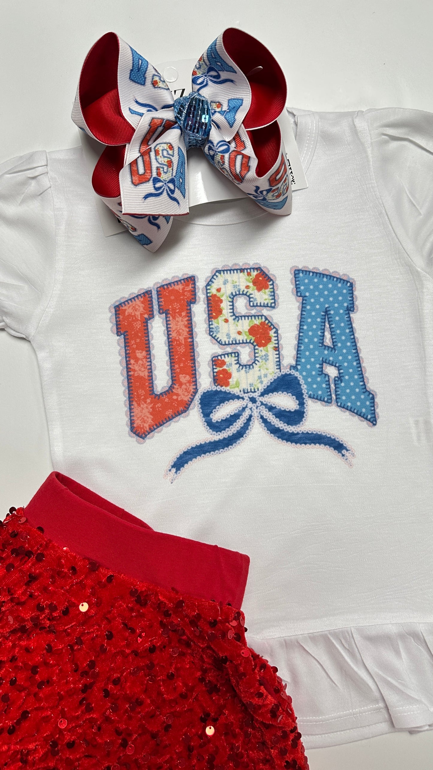 RWB USA Lace Coquette HairBow and t-shirt ~✨ “Red, White & BOWS for America’s 250th 🇺🇸